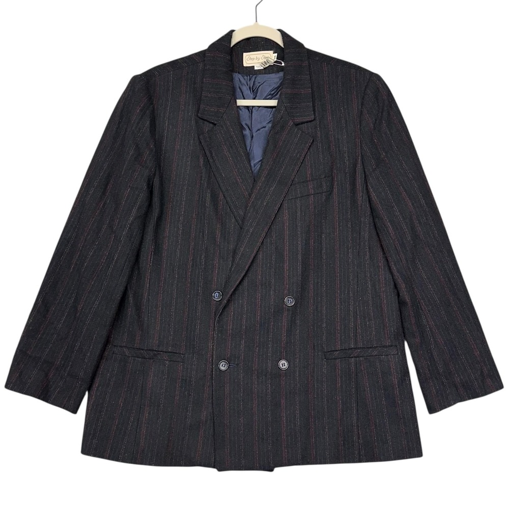Vintage Step By Step‎ Blazer Womens 16 Black Pinstripe Double Breasted Made USA